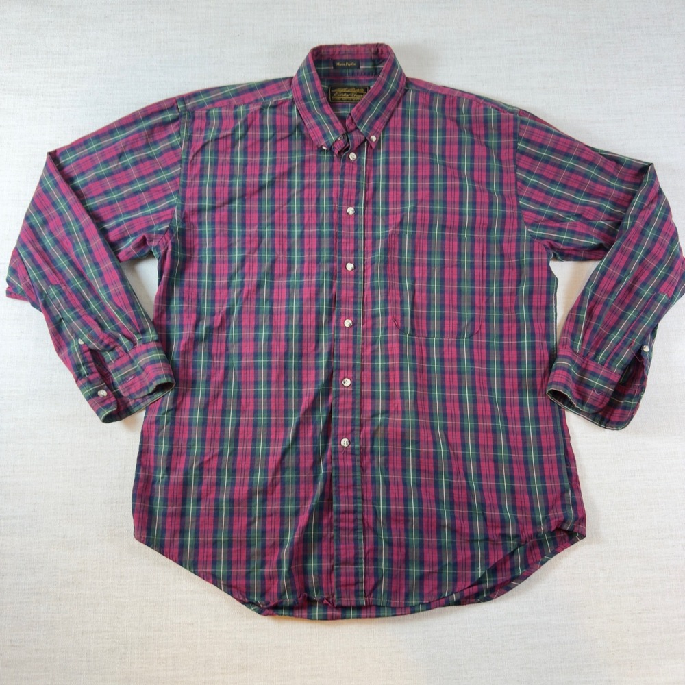 Eddie Bauer Marin Poplin Shirt Mens XL Burgundy Green Plaid Button Down